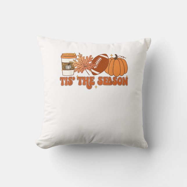 Tis The Season Pumpkin Leaf Thanksgiving Football  Throw Pillow (Front)