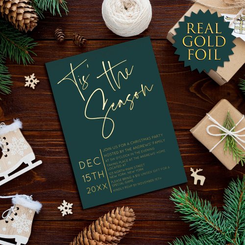 Tis the Season Quote Green Minimalist Christmas Foil Holiday Card