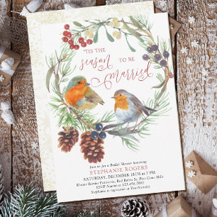 Tis The Season Robin and Pine Wreath Bridal Shower Invitation