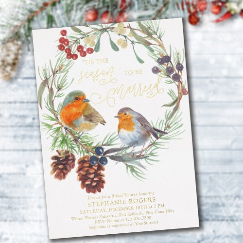 Tis the Season Robin Wreath Bridal Shower Gold Foil Invitation