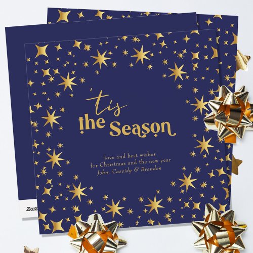 Tis the Season Simple Elegant Blue and Gold Stars Holiday Card