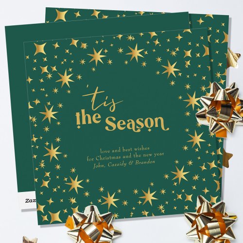 Tis the Season Simple Elegant Green and Gold Stars Holiday Card