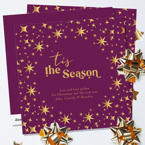 Tis the Season Simple Elegant Plum and Gold Stars Holiday Card