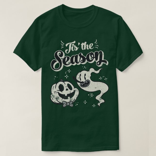 Tis' the Season Skeleton Ghost Retro Halloween Cos T-Shirt (Design Front)