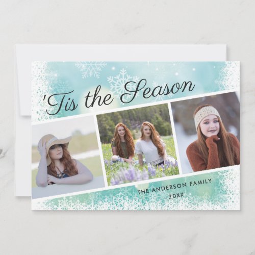 Tis the Season Snowflake 3 Photo Christmas Holiday Card