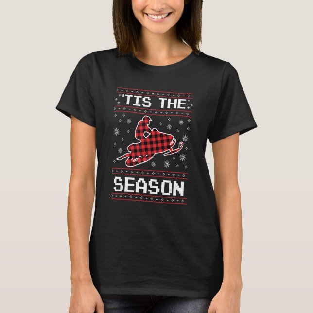 Tis The Season Snowmobile Red Plaid Ugly Christmas T-Shirt (Front)