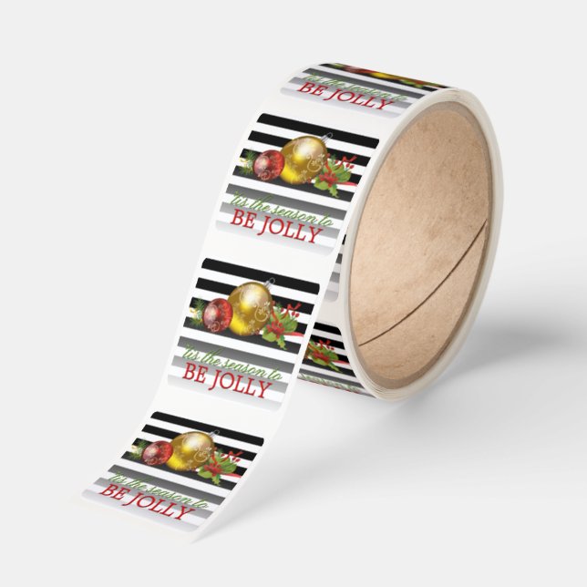 Tis The Season To Be Jolly Black White Stripes Square Sticker (Roll)