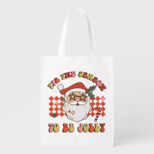 Tis The Season To Be Jolly Christmas Santa Retro G Grocery Bag