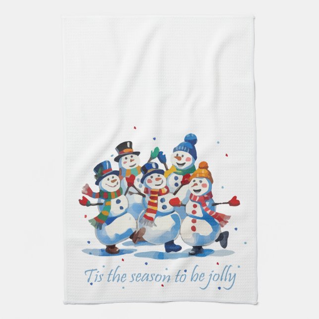 Tis the Season to be Jolly Dancing Jolly Snowmen Kitchen Towel (Vertical)
