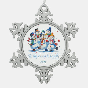 Tis the Season to be Jolly Dancing Jolly Snowmen Snowflake Pewter Christmas Ornament