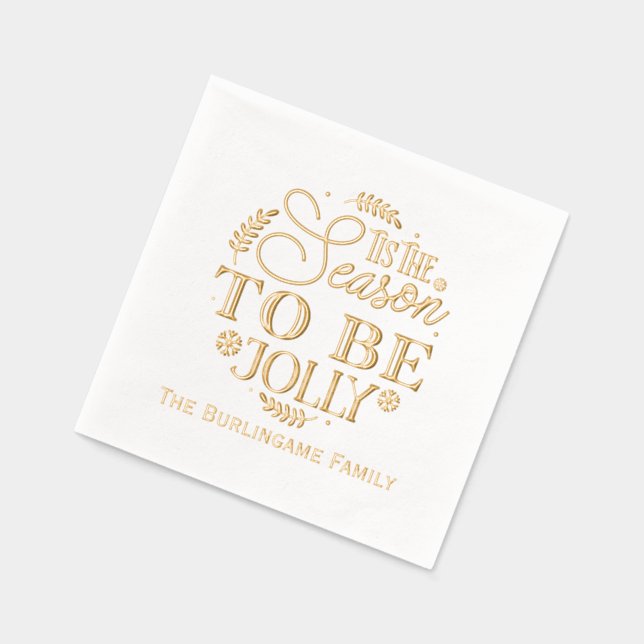 “Tis the Season to be Jolly” Family Name Foil Napkins (Left)