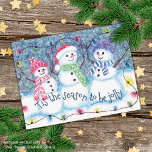 Tis The Season To Be Jolly Funny Snowmen Holiday Card<br><div class="desc">Unique fun smiling snowmen having a good time with colored string lights in the snow. This whimsical hipster design is made for the lover of the December Holiday season or cute graphic art illustrations. With room on the backside to customize or personalize with text and your family name.</div>