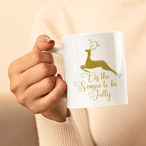 Tis the Season To Be Jolly Gold Reindeer Christmas Coffee Mug