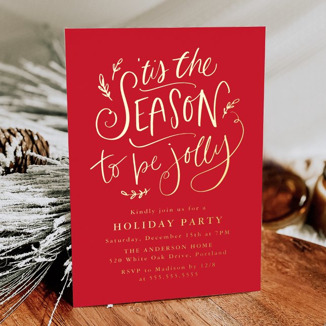 'Tis The Season to be Jolly Red Holiday Party Foil Invitation (Creator Uploaded)