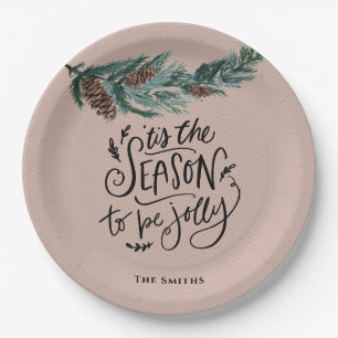 Tis The Season To Be Jolly Watercolor Pine Cone Paper Plates