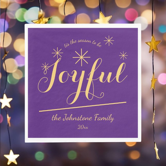 "tis the season to be Joyful" Chic Party Paper     Napkins (Customize these Joyful purple and gold paper napkins to suit your special holiday gathering.)