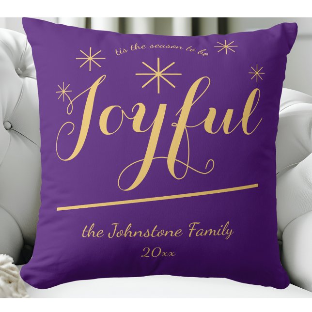 "tis the season to be Joyful" Elegant Holiday  Throw Pillow (Help induce a festive mood with this Joyful purple and gold throw pillow.)