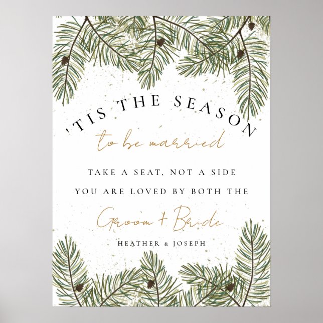 Tis the season to be Married Pine & Gold Christmas Poster (Front)