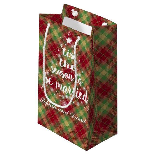 "'tis the season to be married" Red Plaid Holiday Small Gift Bag (Front Angled)