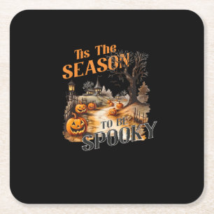 Tis The Season To Be Spooky Fall Halloween Retro C Square Paper Coaster