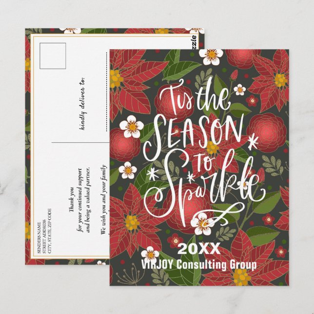 Tis The Season To Sparkle Red Poinsettia Business Postcard (Front/Back)