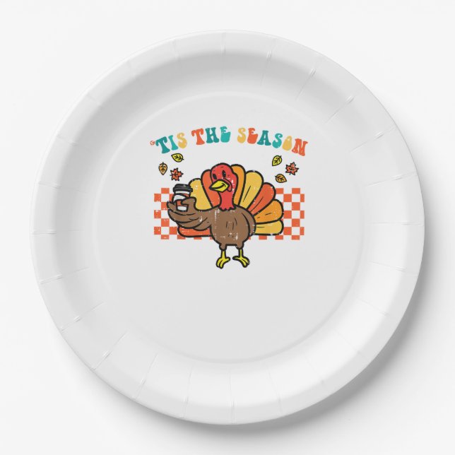 Tis The Season Turkey Coffee Thanksgiving Fall Men Paper Plates (Front)