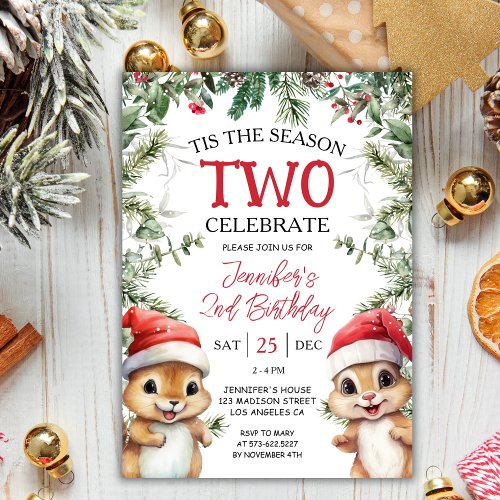 Tis The Season TWO  Winter Squirrels 2nd Birthday Invitation
