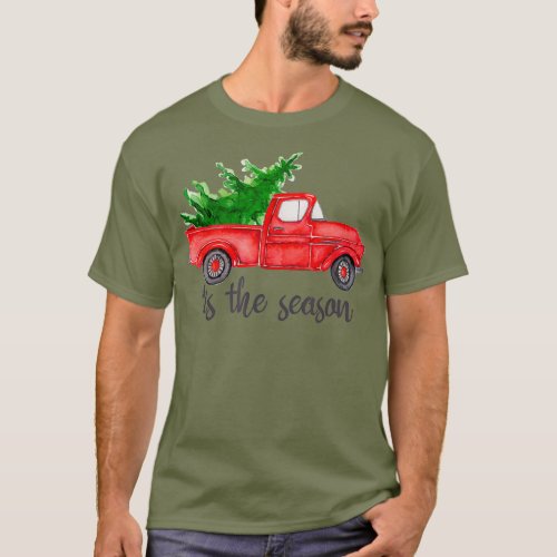 Tis the Season Watercolor Red Truck with Tree T_Shirt