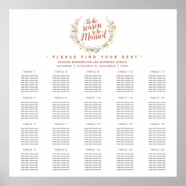 Tis the season wedding 20 tables seating plan poster (Front)