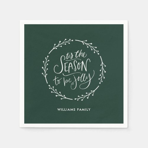 Tis the season white wreath personalized green napkins