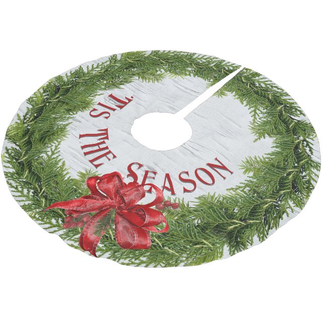 'Tis The Season Wreath With Red Bow On Birch Brushed Polyester Tree Skirt (Angled)