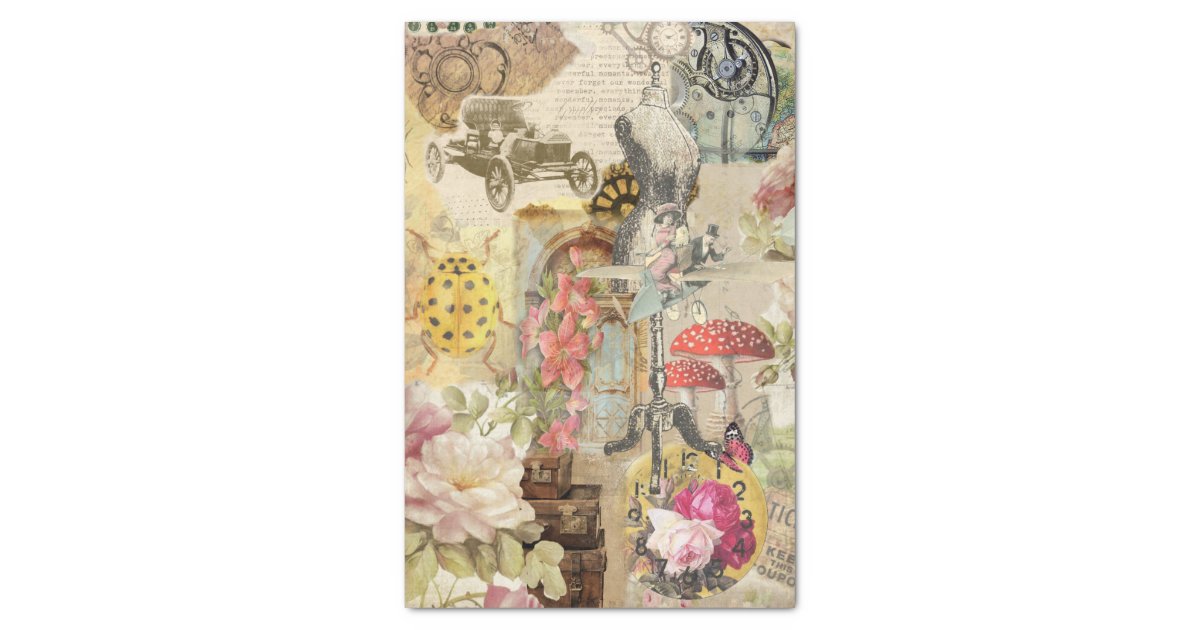 Vintage Bee Insects Rose Bouquet Decoupage Tissue Wrapping Paper