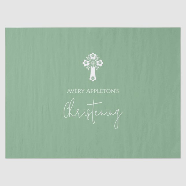 Tissue Paper Floral Cross Christening Sage Green (Front)