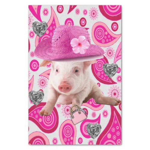 Tissue Paper Pink Pig Silver Hearts Paisley