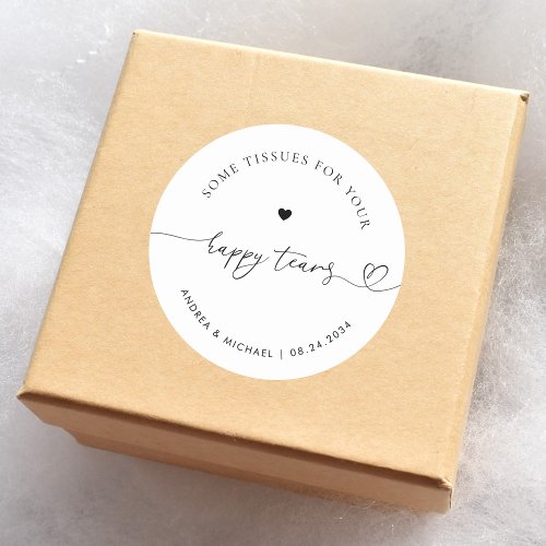 Tissues For Your Happy Tears Heart Script Wedding Classic Round Sticker