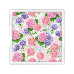 Tit bird and flowers acrylic tray