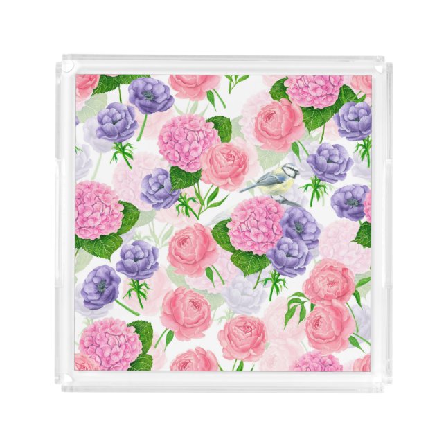 Tit bird and flowers acrylic tray (Front)