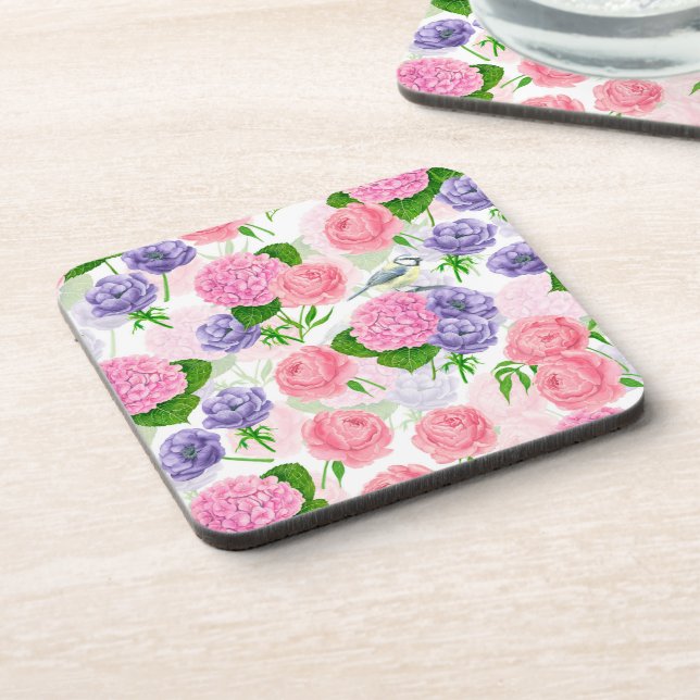 Tit bird and flowers beverage coaster (Left Side)