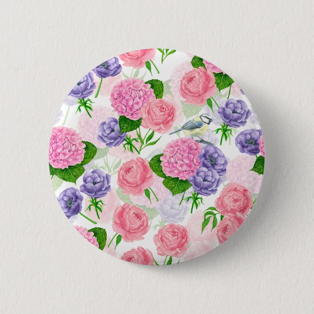 Tit bird and flowers button (Front)