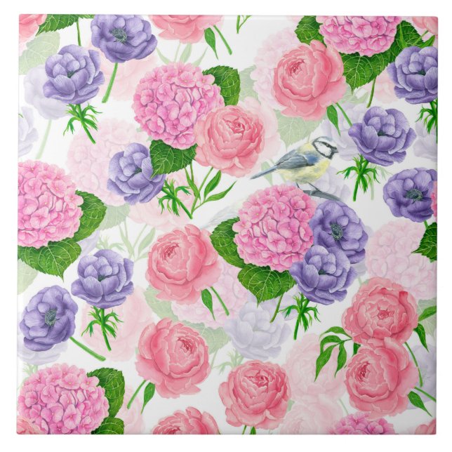 Tit bird and flowers ceramic tile (Front)