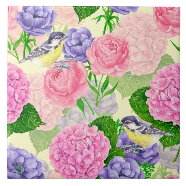 Tit bird and flowers ceramic tile (Front)