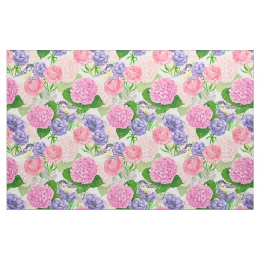 Tit bird and flowers fabric