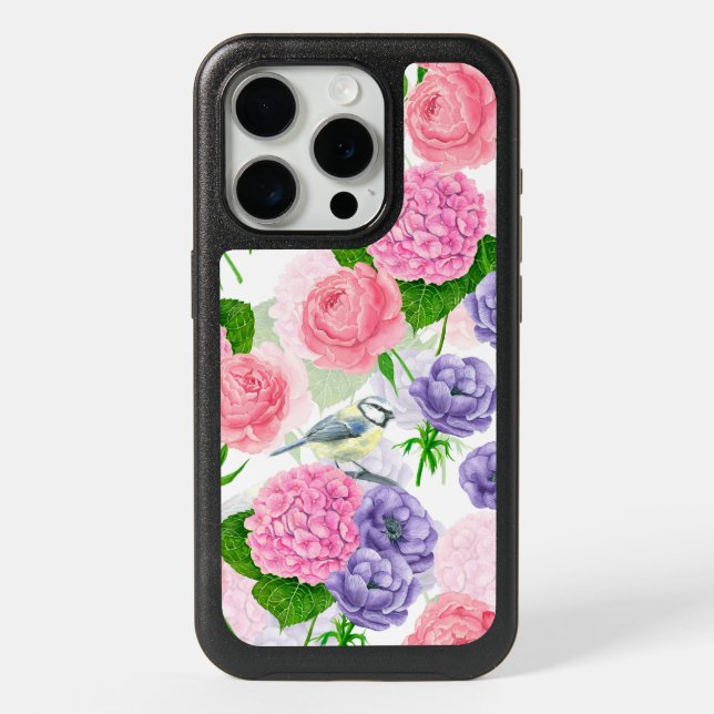 Tit bird and flowers iPhone 15 pro case (Back)