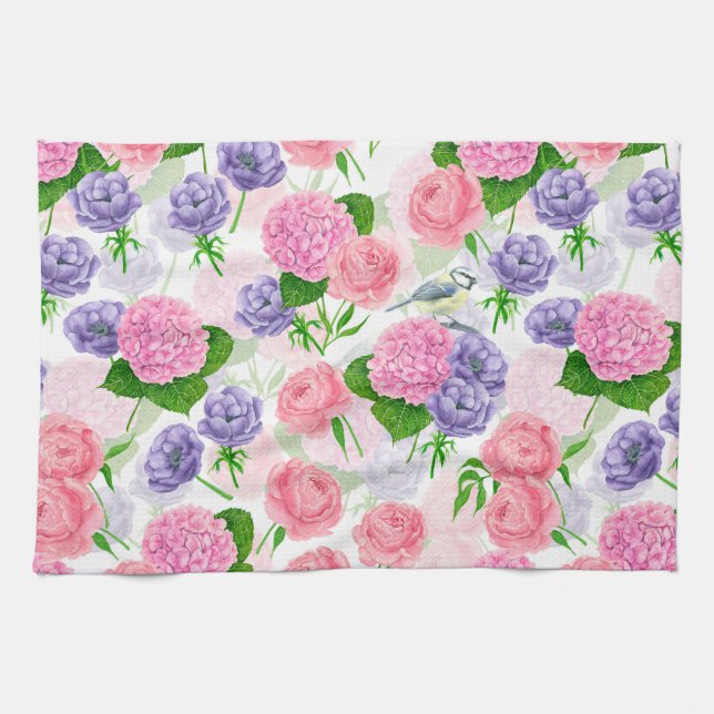 Tit bird and flowers kitchen towel (Horizontal)