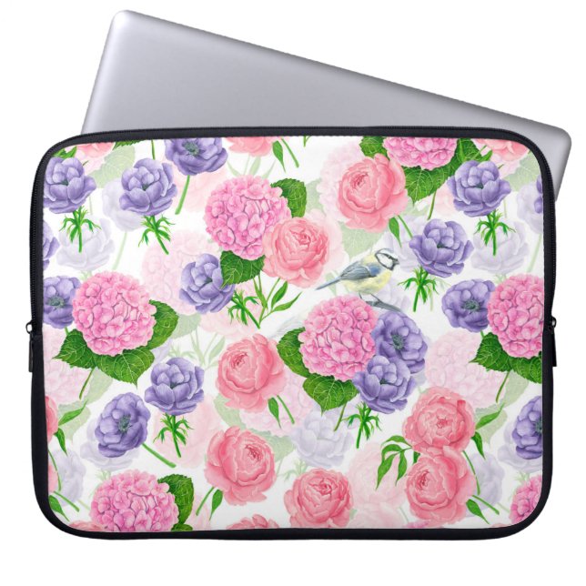 Tit bird and flowers laptop sleeve (Front)