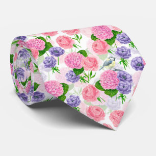 Tit bird and flowers neck tie