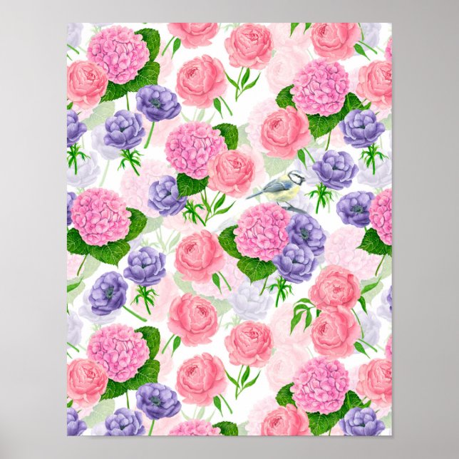 Tit bird and flowers poster (Front)