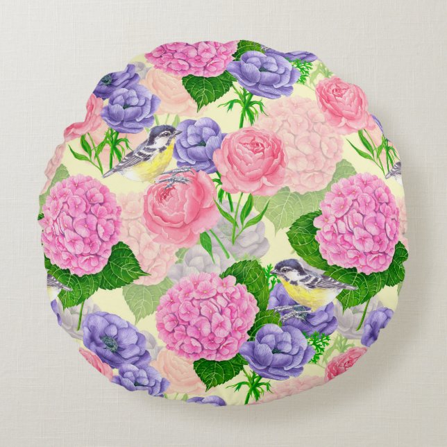 Tit bird and flowers round pillow (Front)