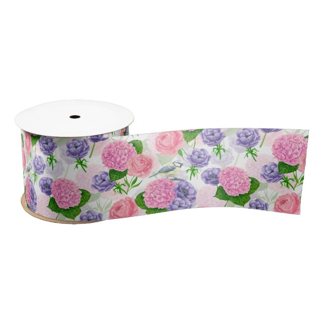 Tit bird and flowers satin ribbon (Spool)