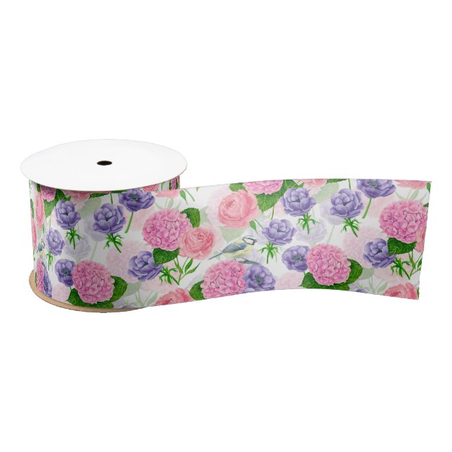 Tit bird and flowers satin ribbon (Spool)